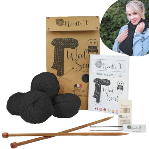 Needle It® - Komplettes Strickset für Anfänger mit Stricknadeln - Strickschal aus Wolle - Geschenkidee (Schwarz) von Needle It