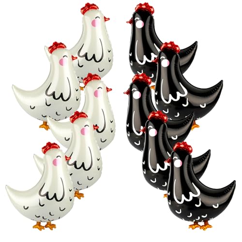 10 Stück Huhn Folienballon, Helium Ballon, Lustiger Walking Ballon, Tiere Luftballon Set mit 10 süßen Huhn Ballons für Kindergeburtstag, Bauernhof-Party, Party Deko (5 Weiß/5 Schwarz) von Neerow