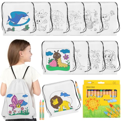 13 Stück Einziehbarer Taschen zum Bemalen für Kinder, 12 Stück Stoffbeutel zum Bemalen mit 12 Tierdesigns und Buntstifte(12 Farben in 1 Set), kreative Mitgebsel für Kindergeburtstag & Bastelspaß von Neerow
