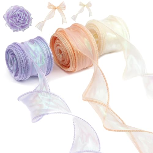 3 Rollen Organzaband, 40mm x 9m Transparentes Chiffonband Schillernde, Glitzerndes Organzaband für Deko, Hochzeit, Blumenstrauß, Geschenkverpackungen (Creme/Violett/Orange) von Neerow