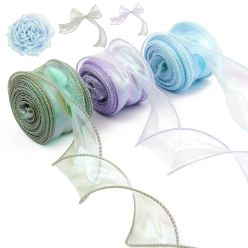 3 Rollen Organzaband Schillernd, 40mm x 9m Transparentes Chiffonband, Glitzerndes Organzaband für Deko, Hochzeit, Blumenstrauß, Geschenkverpackungen (Lila/Blau/Grün) von Neerow