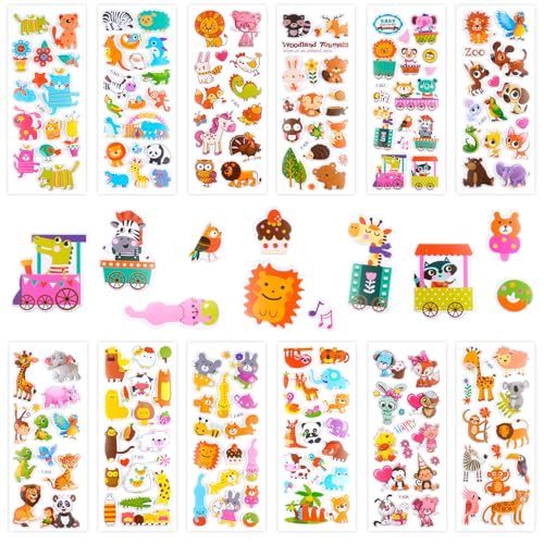 3D Aufkleber für Kinder & Kleinkinder, Auto Bagger Sticker 12 Blätter, Geschwollen Stickers für Jungen Mädchen Lehrer, Kindergeburtstag Gastgeschenke Party (17 * 7cm) (Cartoon Tier) von Neerow