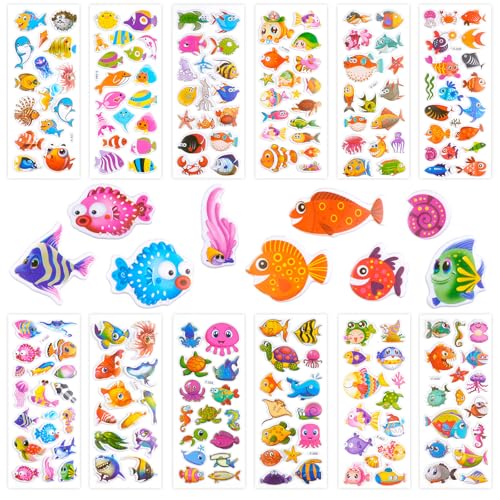 3D Aufkleber für Kinder & Kleinkinder, Fisch Sticker Kinder 12 Blätter, Geschwollen Stickers für Jungen Mädchen Lehrer, Kindergeburtstag Gastgeschenke Party (Fisch) von Neerow