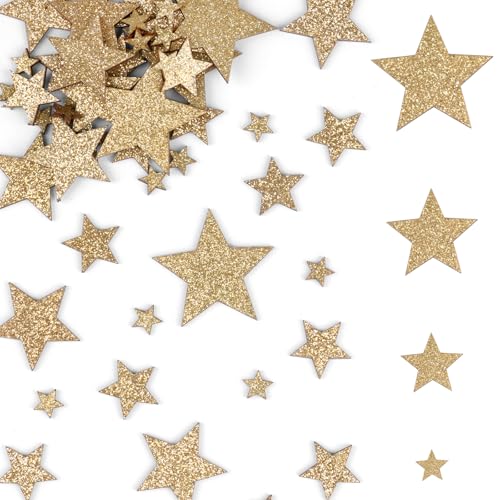 50 Stück Holzsterne Streudeko Glitzer Sterne, 4 Größen Holz Basteln Konfetti, Sterne Tischdeko Weihnachten für Hochzeit, Geburtstag Party, Jubiläum Tisch Deko (Gold 5 Eckig) von Neerow