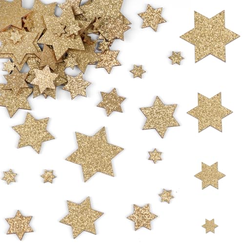 50 Stück Holzsterne Streudeko Glitzer Sterne, 4 Größen Holz Basteln Konfetti, Sterne Tischdeko Weihnachten für Hochzeit, Geburtstag Party, Jubiläum Tisch Deko (Gold 6 Eckig) von Neerow