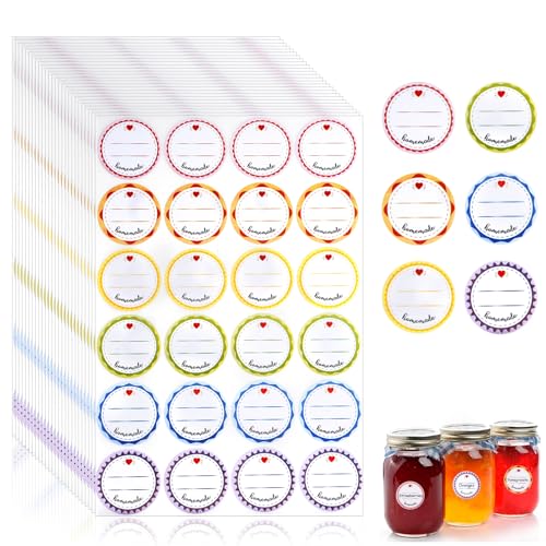 600 Stück Marmeladen Etiketten, Rund Etiketten Selbstklebend, Klebeetiketten Aufkleber zum Beschriften, 3.8 cm Etiketten Marmeladengläser für Gläser, Marmelade, Backen, Flaschen, Tüten (6 Farben) von Neerow