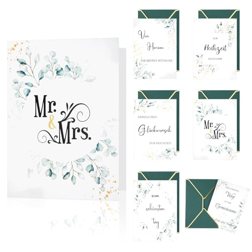 Hochzeitskarte Eukalyptus Set, 6er Glückwunschkarte Hochzeit A6 mit Umschlägen, Klappkarten Karte Hochzeit, Geeignet für Brautpaar Hochzeitsgeschenke und Glückwünsche von Neerow