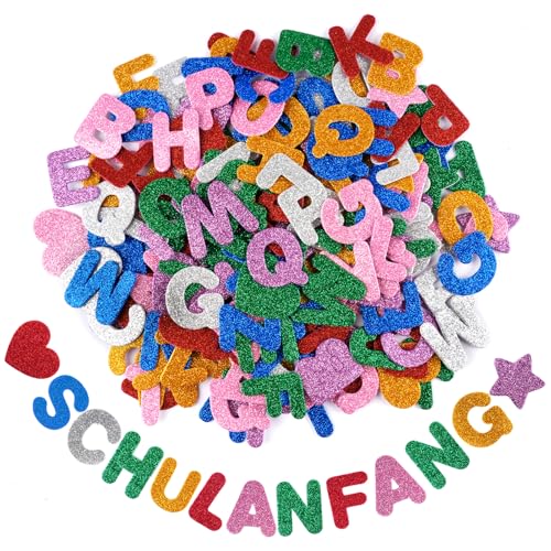 Moosgummi Buchstaben Selbstklebend, 196 Stück Glitzer Schaumstoff Buchstaben Aufkleber, Alphabet Stern Herz Sticker für Schultüte, Einschulung Schulanfang Deko, Basteln, Scrapbooking Zubehör von Neerow