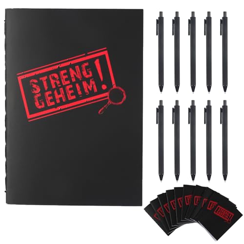 Neerow „Streng Geheim“-Notizheft Set, 10 kleine Notizblöcke (10 × 7 cm) mit 10 Kugelschreibern, Tragbare Notizbücher, 20 Blankoseiten, Fadenbindung, Glatt Schreiben, für Schule und Büro (Schwarz) von Neerow