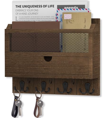 Nekon Post-Organizer mit Schublade für die Wand, 30,5 cm B x 25,4 cm H x 7,9 cm D, Briefsortierer zur Wandmontage, Holzschlüsselhalter, Wandordner, Briefablage für Briefmagazine (braun) von Nekon