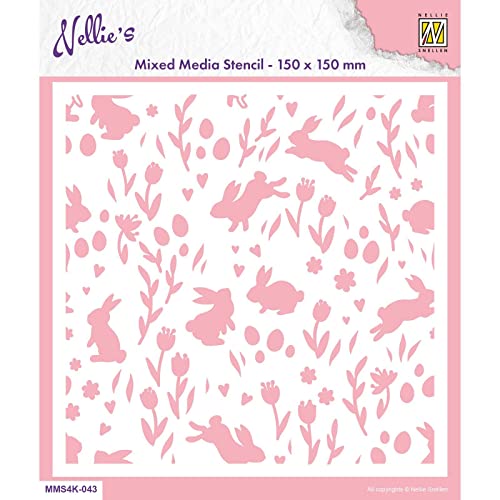 Nellie Snellen, Mixed Media Stencils Background Rabbit and Tulips von Nellie Snellen