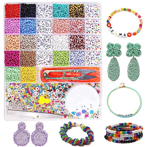 Nenjindz 3 mm Glasperlen bunte Rocailles-Kits, Glas-Smile-Perlen Acryl-Buchstabenperlen zum Basteln von Schmuck Armbändern Kit mit Herzperlen (7600 Stück) von Nenjindz