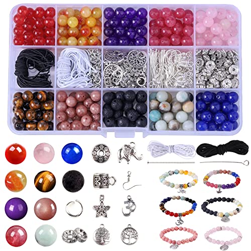 Nenjing 504 Stück Chakra-Perlen Lava-Perlen, 8 mm natürliche Halbedelstein-Perlen-Kits zum Auffädeln von losen Armbändern Perlen für Erwachsene Bastelschmuck Armbänder Kits mit Geschenktüten von Nenjindz