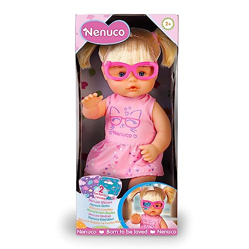 Nenuco - Brillen, Baby-Puppe mit Brille und blondem Haar mit Pferdeschwanz, inkl. 3 Farbflecken und Kleid, 2 Jahre, Famosa (NFN20000) von Nenuco