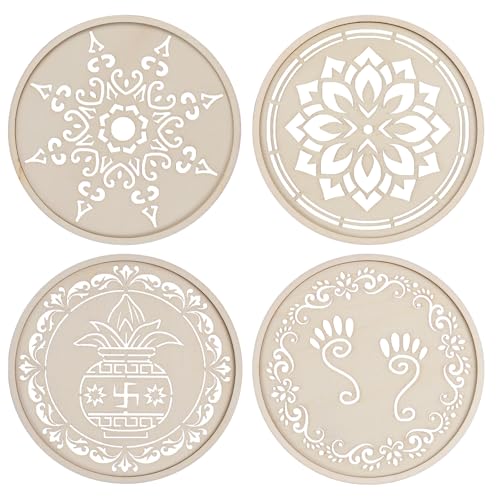 Diwali-Rangoli-Schablonen aus Holz, 19,1 cm, DIY-Sandkunst-Set, Lotus-Design für Pooja-Dekoration, indisches Festival, Heimdekoration, 4 Stück von Neowedding