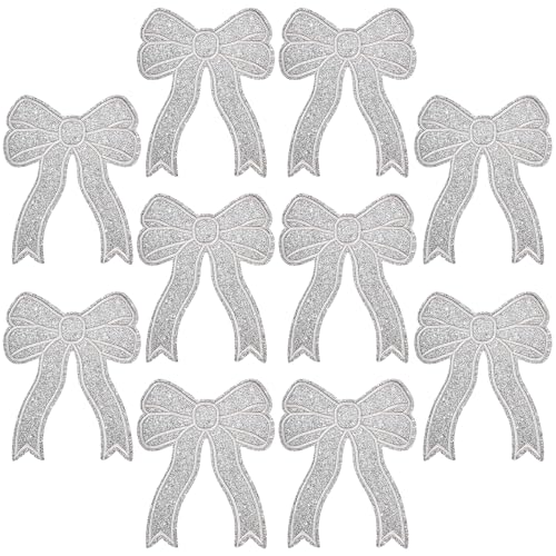 Bügelbild mit Schleife, 15,2 x 12,7 cm, glänzende Stickerei, Schleife, zum Aufbügeln, für Kleidung, DIY, Nähen, Jeans, Hemd, Hut, Jacke, Kleidung, Rucksack (Silber, 10 Stück) von Neptniopllab
