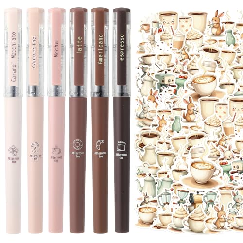 Neptniopllab Kaffee-Schreibwaren-Geschenk-Set, 6 Stück, 0,5 mm, schwarze Tinte, Kaffee-Kugelschreiber, 50 Stück, Vinyl, wasserdichte Aufkleber, Kaktus-Party, inspirierendes Geschenk für den Neptniopllab Kaffee-Schreibwaren-Geschenk-Set, 6 Stück, 0,5 mm, schwarze Tinte, Kaffee-Kugelschreiber, 50 Stück, Vinyl, wasserdichte Aufkleber, Kaktus-Party, inspirierendes Geschenk für den von Neptniopllab