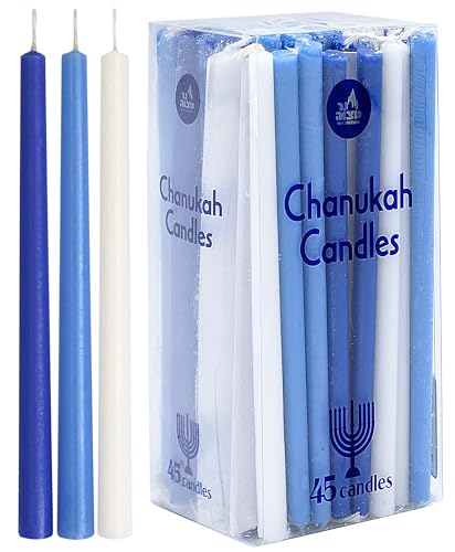 Ner Mitzvah Blaue und Weiße Chanukka Kerzen Standardgröße - Lange Tropffreie Menora Kerzen - Paraffinwachs In Premium-qualitä - 45 Kerzen pro Karton von Ner Mitzvah