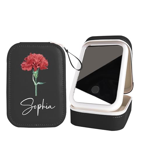 Nergaebe Personalisierte Geburtsblumen-Reise-Schmuckschatulle mit Spiegel, Individueller Namens-Reise-Make-up-Koffer mit LED-Spiegel, Kleiner Reise-Schmuckkästchen-Organizer mit Beleuchtetem Spiegel Nergaebe Personalisierte Geburtsblumen-Reise-Schmuckschatulle mit Spiegel, Individueller Namens-Reise-Make-up-Koffer mit LED-Spiegel, Kleiner Reise-Schmuckkästchen-Organizer mit Beleuchtetem Spiegel von Nergaebe