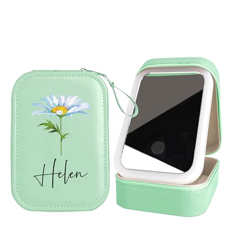 Nergaebe Personalisierte Geburtsblumen-Reise-Schmuckschatulle mit Spiegel, Individueller Namens-Reise-Make-up-Koffer mit LED-Spiegel, Kleiner Reise-Schmuckkästchen-Organizer mit Beleuchtetem Spiegel Nergaebe Personalisierte Geburtsblumen-Reise-Schmuckschatulle mit Spiegel, Individueller Namens-Reise-Make-up-Koffer mit LED-Spiegel, Kleiner Reise-Schmuckkästchen-Organizer mit Beleuchtetem Spiegel von Nergaebe