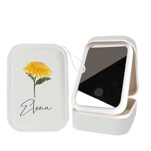 Nergaebe Personalisierte Geburtsblumen-Reise-Schmuckschatulle mit Spiegel, Individueller Namens-Reise-Make-up-Koffer mit LED-Spiegel, Kleiner Reise-Schmuckkästchen-Organizer mit Beleuchtetem Spiegel Nergaebe Personalisierte Geburtsblumen-Reise-Schmuckschatulle mit Spiegel, Individueller Namens-Reise-Make-up-Koffer mit LED-Spiegel, Kleiner Reise-Schmuckkästchen-Organizer mit Beleuchtetem Spiegel von Nergaebe