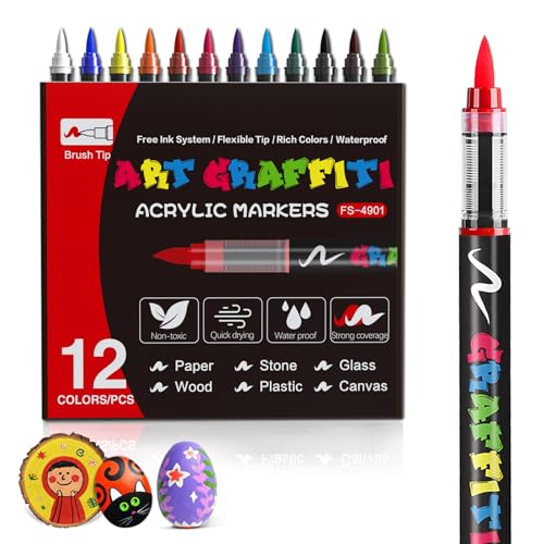 Nesayerk Acryl Stifte Steine Bemalen Wasserfest, 12 PCS Acrylic Paint Marker Brush Pen Set für Steine, Leinwand, Holz, Keramik, Glas, Kunststoff, Karton, Metall, Papier, Porzellan Nesayerk Acryl Stifte Steine Bemalen Wasserfest, 12 PCS Acrylic Paint Marker Brush Pen Set für Steine, Leinwand, Holz, Keramik, Glas, Kunststoff, Karton, Metall, Papier, Porzellan von Nesayerk