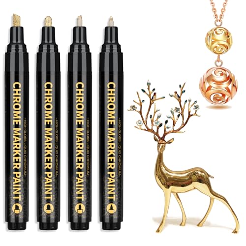 Nesayerk Metallic Stifte Chrom, 4PCS Chrome Permanent Marker Set, Wasserdicht Goldstift mit Metallic-Spiegelmarkierungen für Harz, Modell, Metall, Glas, Kunststoff Malerei (0,7mm/0,7-3mm/3mm/3-6mm) von Nesayerk