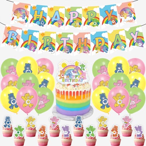 32 Stück Rainbow Bear Geburtstag Dekorationen Set,Bär Geburtstags Luftballons Deko Bären Geburtstagsdeko Kuchen Cupcake Toppers für Kinder Geburtstag Party von Nesloonp
