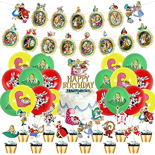 Alice in Wonderland Deko Geburtstag, 33PCS deko Geburtstag Mädchen, Cartoon Geburtstag Luftballons, Happy Birthday Banner,Kuchendekorationen，Topper für Kinder Geburtstag von Nesloonp