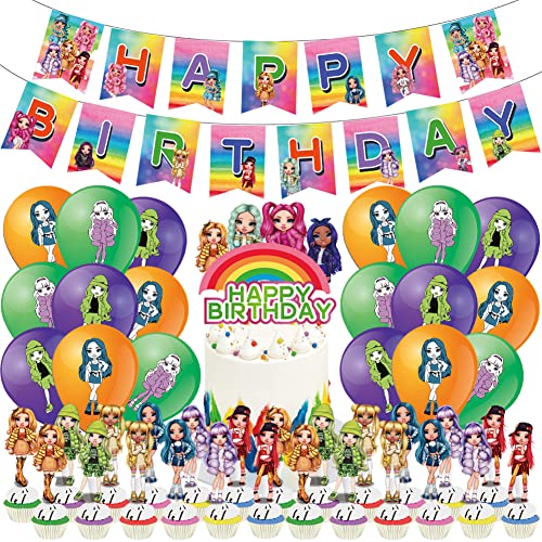 Birthday Party Decorations, Geburtstags deko, 44 Stück Rainbow Doll Geburtstagsballons Set, Cartoon Ballons Cake Toppers Happy Birthday Banner für Mädchen Jungen Kinder Thema Party von Nesloonp