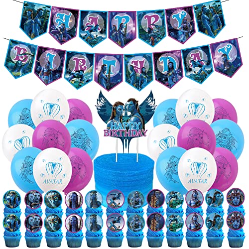 Geburtstagsparty-Dekorationen, Geburtstagsparty-Gastgeschenk mit Banner, Luftballons, Kuchenaufsatz, Cupcake-Topper für Jungen Mädchen, Avatar-Fans, Partyzubehör Ballon Deko Supplies 45pcs von Nesloonp