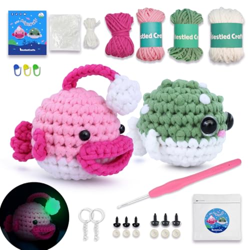 NestledCrafts Häkelset, Komplettes Häkelsets für Anfänger Erwachsene, Strickset, Weiches Garn, Geschenk zum Geburtstag, Inklusive Schritt-für-Schritt Videoanleitung, Anleitung(AnglerPuff) von NestledCrafts