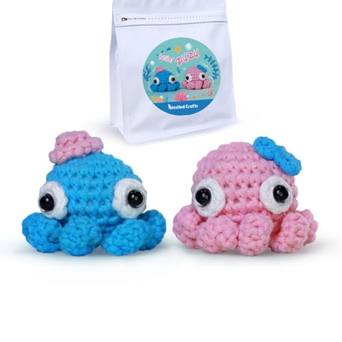 NestledCrafts Häkelset, komplettes Häkelset für Anfänger, 2pcs Niedlicher Oktopus Strickset, weiches Garn, Geschenk zum Geburtstag, inklusive Schritt fü Schritt Video Tutorial, Anleitung(ZUZU) von NestledCrafts