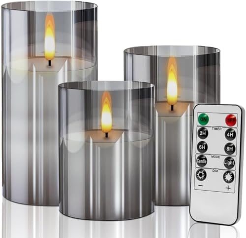 Led Kerzen mit Timerfunktion, Graue Glas flammenlose Kerzen Flackern mit Fernbedienung, Realistische Warme Lichtkerze, Bad Deko, Deko Wohnzimmer, Tischdeko Wohnzimmer, Set von 3 Led Kerzen mit Timerfunktion, Graue Glas flammenlose Kerzen Flackern mit Fernbedienung, Realistische Warme Lichtkerze, Bad Deko, Deko Wohnzimmer, Tischdeko Wohnzimmer, Set von 3 von Nestling