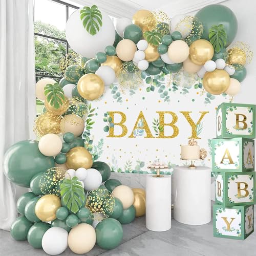 125 Stück Salbeigrüne Babyparty Dekoration, Salbeigrüne Neutrale Babyboxen mit Grün Goldenen Luftballons und Baby Hintergrund für Jungen Mädchen Babyparty, Dschungel Safari Geburtstagsparty Dekoration von Netnology