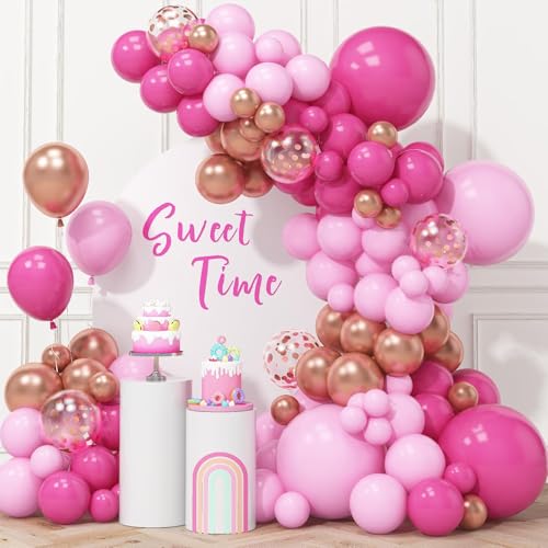 Luftballon Girlande Hot Pink, 99pcs Retro Rosa Rosegold Ballon Girlande Set mit Rose Rot Macaron Rosa Konfetti Ballon, Rosa Geburtstag Party Dekoration für Frau Mädchen Brautparty, Babyparty, Hochzeit von Netnology