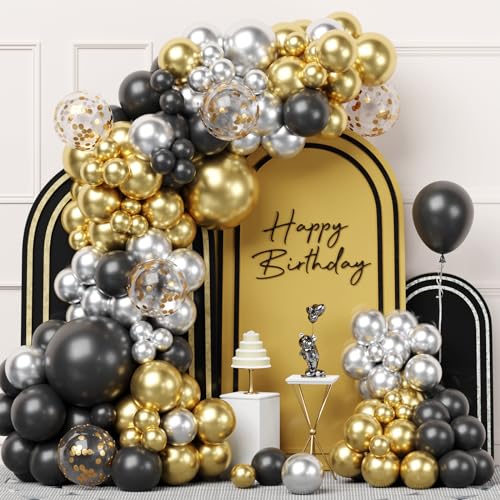 Black Gold Balloons Arch Kit, 100Stück Ballons Schwarz Gold Silber,Ballon Girlande Schwarz Gold für Männer Geburtstag Party,Abschlussfeier,Neues Jahr,Ruhestand,Baby Shower,Hochzeit,Halloween Deko von Netnology