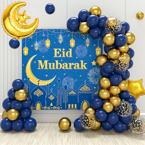 Blau Gold Eid Mubarak Ballon Girlande Set, 74pcs Ramadan Mubarak Party Dekoration mit Eid Mubarak Banner Mond Stern Folienballon, Umrah Mubarak Luftballon Girlande für Muslim Eid Mubarak Feier Deko Blau Gold Eid Mubarak Ballon Girlande Set, 74pcs Ramadan Mubarak Party Dekoration mit Eid Mubarak Banner Mond Stern Folienballon, Umrah Mubarak Luftballon Girlande für Muslim Eid Mubarak Feier Deko von Netnology