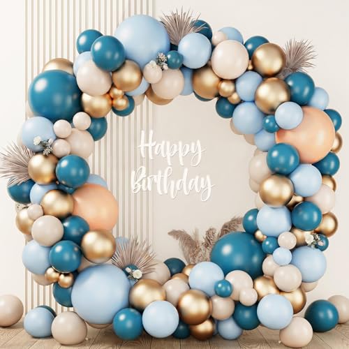 Balloon Arch Kit Junge Blau Beige Gold, 143pcs Ballon Girlande Set Meeresblau Beige Gold, Hellblau Sand Weiße Gold Ballonbogen für Babyparty, Gender Reveal Party Deko, Geburtstag, Kommunion von Netnology