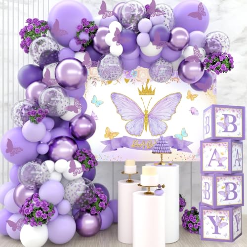 121 Stück Lila Schmetterlings Babyparty Box, Lila Schmetterlings Babyboxen mit Lavendelweißen Luftballons und Hintergrund, Schmetterlings Partyballon für Babyparty, Mädchen Geburtstagsparty Dekoration von Netnology