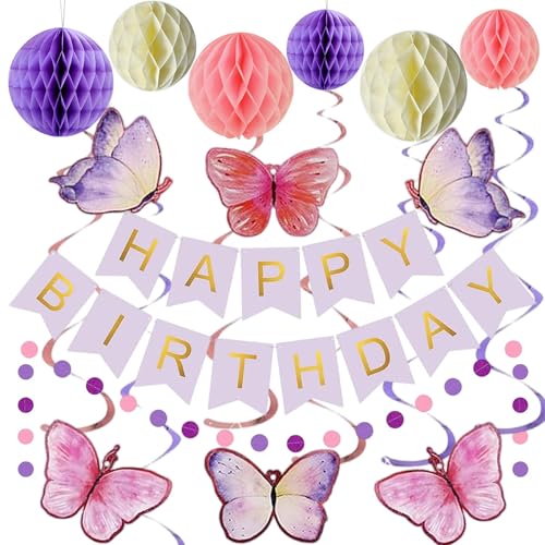Lila Schmetterlings Geburtstagdeko, Lila Happy Birthday Party Deko Mädchen Frau mit Happy Birthday Girlande Wabenbälle Schmetterlinge Hängende Wirbel, Wiederverwendbare Schmetterling Geburtstagsdeko von Netnology