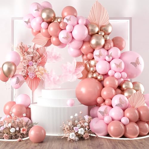 Luftballon Girlande Rosa, 101pcs Ballon Girlande Rosa Gold Schmetterling Set, Luftballon Bogen Pink für Geburtstag Deko Mädchen, Schmetterling Deko Geburtstag für Hochzeit Baby Shower Party Dekoration von Netnology