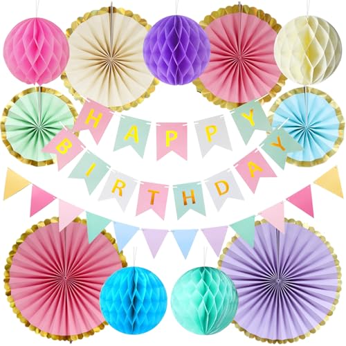 Pastell Geburtstag Dekoration, Macaron Happy Birthday Party Deko Mädchen Frau mit Happy Birthday Girlande Wimpelkette Wabenbälle Papier Fans, Wiederverwendbare Wabenbälle Geburtstagsdeko Pompons Deko von Netnology