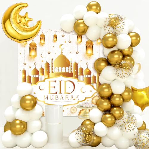 Weiß Gold Eid Mubarak Ballon Girlande Set, 70pcs Ramadan Mubarak Party Dekoration mit Eid Mubarak Banner Mond Stern Folienballon, Umrah Mubarak Luftballon Girlande für Eid Mubarak Feier Deko von Netnology