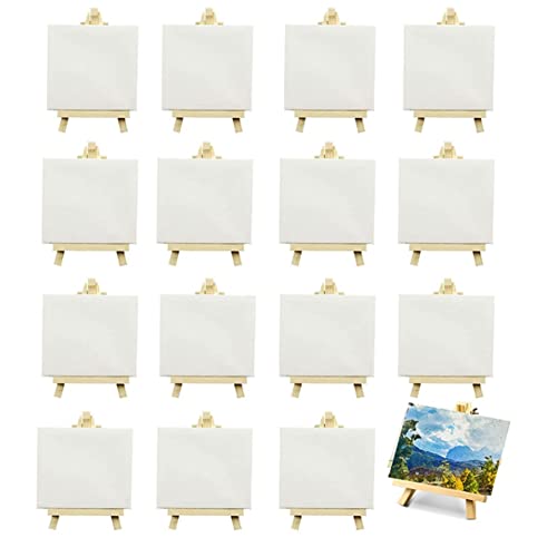 Nettoppo 16Er-Pack 4 X 4 Gespannte Mini-LeinwäNde, Kleine MalleinwäNde mit Staffelei, KunstleinwäNde für Kinder, Malen und Basteln von Nettoppo