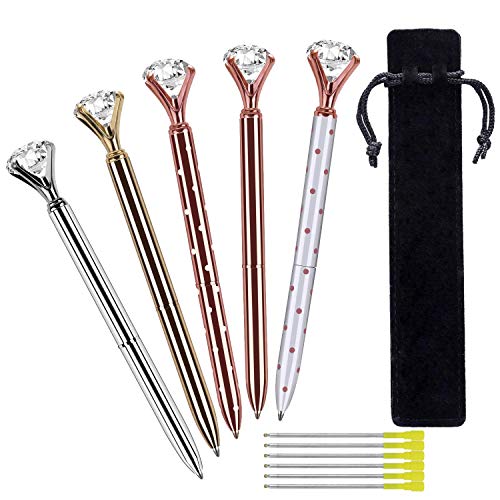 Nettoppo 5 Stücke Großer Kristall Diamant Kugelschreiber, Metall Kugelschreiber Büro Bedarf, mit 5 Kugelschreiber Minen, 1 Schwarz Samt Beutel, Schwarz Tinte von Nettoppo