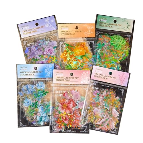 Nettoppo Holografische Goldfolie, Naturblumen, Pflanzenaufkleber, 240 Stück, Wasserfest, Transparenter Glitzer, Botanische Blumen-Scrapbook-Aufkleber von Nettoppo