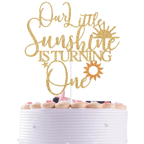 Tortenaufsatz mit goldenem Glitzer, Aufschrift "Our Little Sunshine is Turning One", Sonnenschein, Happy 1. Geburtstag, lustige Party-Dekoration für Babys von Nettuao
