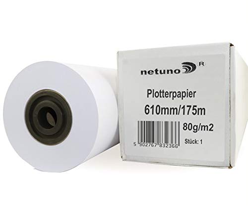 Netuno 1x Weiß Plotterpapier Kopierrolle 610 mm x 175 m Hülse 76 mm 80 g Qualitätskopierpapier für Großformatkopierer Kopierpapier Großformat Rollen-Kopierpapier von Netuno
