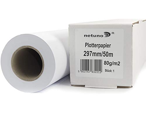 Netuno 1x Weiß Plotterrolle 297 mm x 50 m Plotterpapier 80g / m² Hülse 50 mm (2 Zoll) Qualitäts-Plotterpapier für Inkjet-Plotter Rolle Universalpapier mit Plotterpapier Weiß hochwertig von Netuno